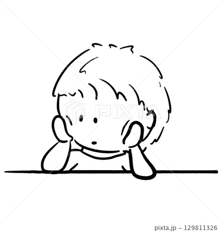 Young boy rests his chin on hands being alone outline illustration Young boy rests his chin on hands being alone outline illustration 129811326
