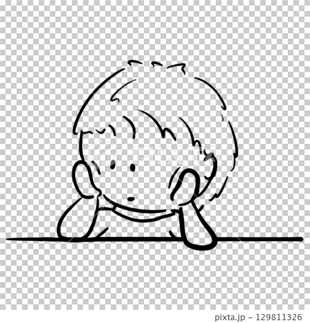 Young boy rests his chin on hands being alone outline illustration Young boy rests his chin on hands being alone outline illustration 129811326