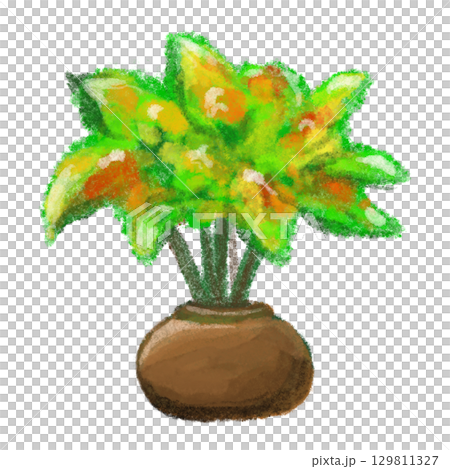 Potted plant with large, vibrant green leaf isolated artistic illustration Potted plant with large, vibrant green leaf isolated artistic illustration 129811327