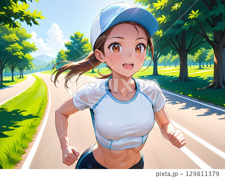 楽しそうに走るお姉さん 129811379