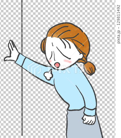 一個疲憊的女人把手放在牆上 129811492