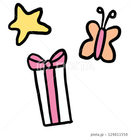 Hand drawn gift box, star, butterfly for Christmas and New Year decoration, ornament, card print, sticker, festive winter, patches, shirt print, happy holiday, department store, brooch, pin, animal	 129811550