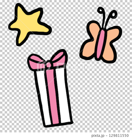 Hand drawn gift box, star, butterfly for Christmas and New Year decoration, ornament, card print, sticker, festive winter, patches, shirt print, happy holiday, department store, brooch, pin, animal	 129811550