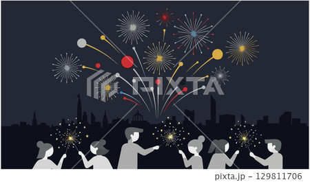 Fireworks Celebration over City Skyline 129811706