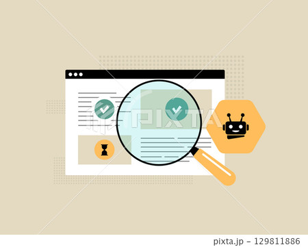 Automated SEO audit with magnifying glass analyzing website content, ai crawling process and indexing performance. Improve search visibility, seo digital strategy, online growth vector illustration 129811886
