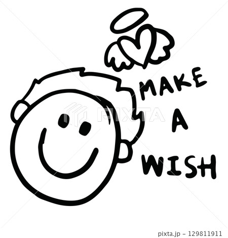 Hand drawn outline of a boy, heart with angel wings, MAKE A WISH letters for decorations, happiness, back to school, students, children, childhood, people, human, sticker, playground, family members 129811911