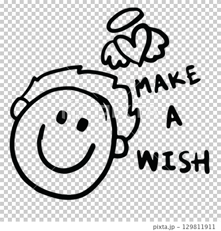 Hand drawn outline of a boy, heart with angel wings, MAKE A WISH letters for decorations, happiness, back to school, students, children, childhood, people, human, sticker, playground, family members 129811911
