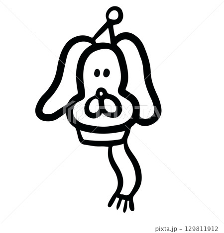 Hand drawn outline of puppy wearing party hat and scarf for Christmas and New Year festive, dog cartoon, character, animals, pet shop, sticker, celebration, adopt and rescue animal, foster home	 129811912
