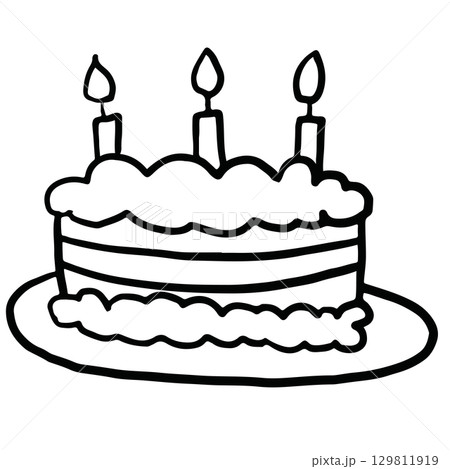 Hand drawn outline of cake with candles for kid colouring book, birthday cake, sweet dessert, bakery, pastry, cafe, restaurant, menu, recipe, baking book, snack, card print, party, department store	 129811919