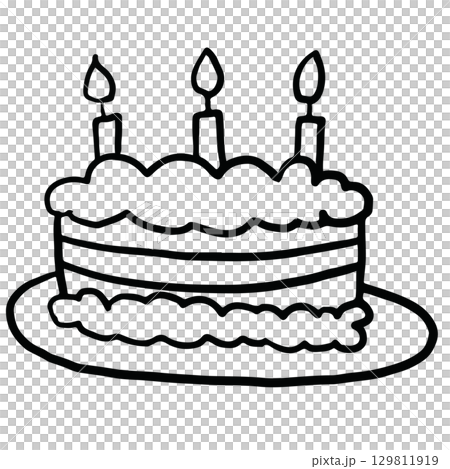 Hand drawn outline of cake with candles for kid colouring book, birthday cake, sweet dessert, bakery, pastry, cafe, restaurant, menu, recipe, baking book, snack, card print, party, department store	 129811919