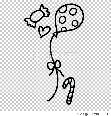 Hand drawn outline of balloon, candy cane, heart for party, celebration, amusement park, sticker, decorations, cute patches, shirt print, brooch, merchandise, kids and children, department store 129811921