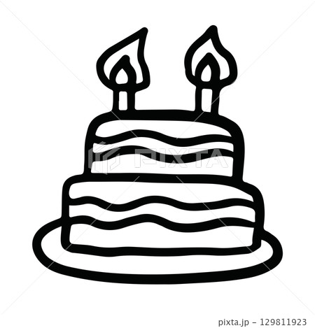 Hand drawn outline of chocolate cake with candles for birthday cake, sweet dessert, bakery, pastry, cafe, restaurant, menu, recipe, baking book, food, cake shop, card print, party, kid colouring book	 129811923