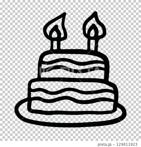 Hand drawn outline of chocolate cake with candles for birthday cake, sweet dessert, bakery, pastry, cafe, restaurant, menu, recipe, baking book, food, cake shop, card print, party, kid colouring book	 129811923