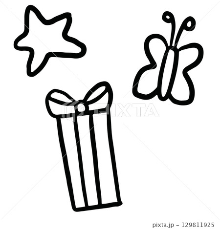 Hand drawn outline of gift box, star, butterfly for Christmas and New Year decoration, ornament, card print, sticker, festive winter, patch, happy holiday, department store, kid colouring book, art	 129811925