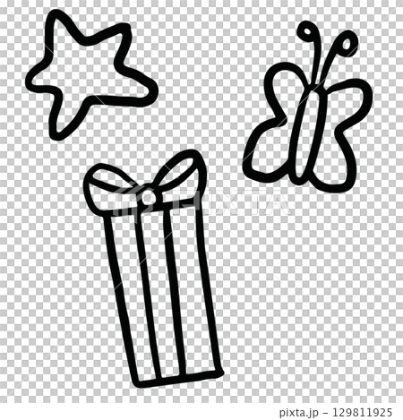 Hand drawn outline of gift box, star, butterfly for Christmas and New Year decoration, ornament, card print, sticker, festive winter, patch, happy holiday, department store, kid colouring book, art	 129811925