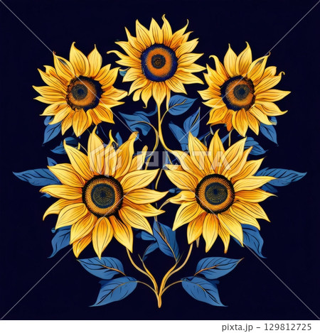 an AI Image Generator, Vibrant Sunflowers Illustration with Blue Leaves on Dark Background 129812725