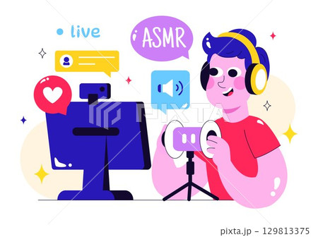 ASMR Lifestyle Vector Illustration Featuring Young People Recording ASMR Sounds to Create Social Media Content in a Flat Style Cartoon Background 129813375