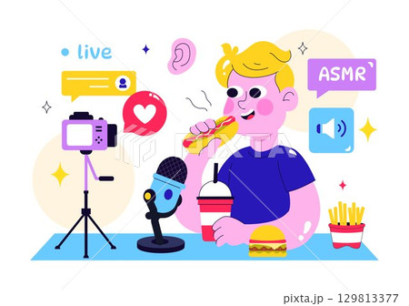 ASMR Lifestyle Vector Illustration Featuring Young People Recording ASMR Sounds to Create Social Media Content in a Flat Style Cartoon Background ASMR Lifestyle Vector Illustration Featuring Young People Recording ASMR Sounds to Create Social Media Content in a Flat Style Cartoon Background 129813377