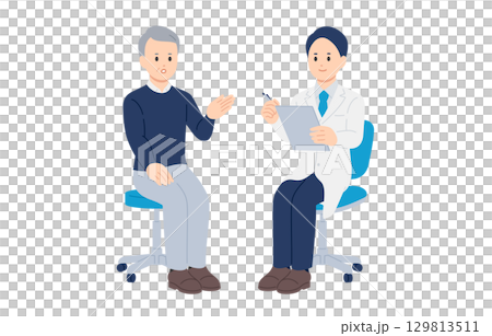 一位男醫師和一位老年男性病患正在進行訪談[人物向量插畫素材] 129813511