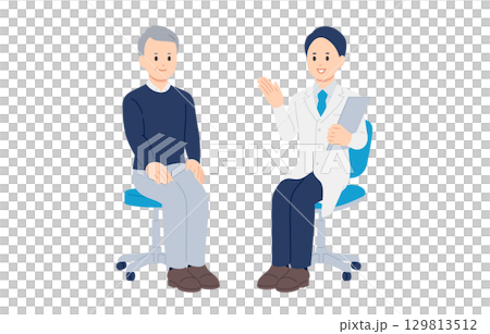 診断･説明する男性医師とシニアの男性患者【人物ベクターイラスト素材】 129813512