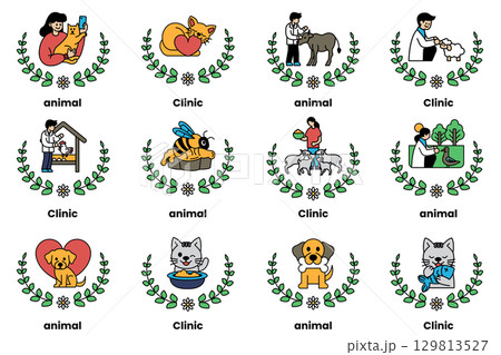 set of illustrations in the concept of Animal Clinic in a line style 129813527