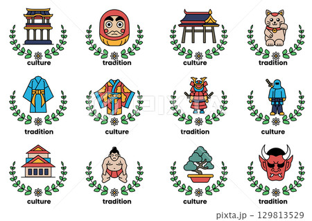 set of illustrations in the concept of Japanese culture in a line style set of illustrations in the concept of Japanese culture in a line style 129813529