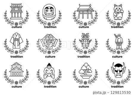 set of illustrations in the concept of Japanese culture in a line style set of illustrations in the concept of Japanese culture in a line style 129813530
