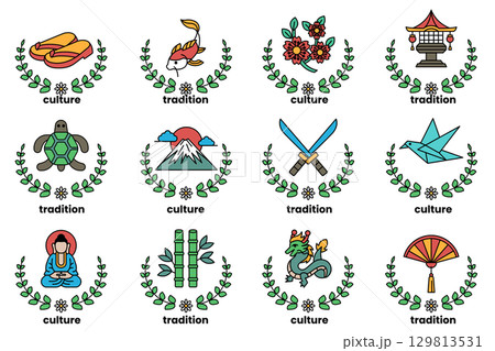 set of illustrations in the concept of Japanese culture in a line style set of illustrations in the concept of Japanese culture in a line style 129813531