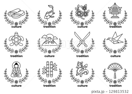 set of illustrations in the concept of Japanese culture in a line style 129813532