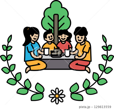 A family is sitting around a table with food and drinks 129813559