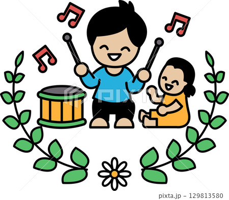 A boy and a girl are playing music together 129813580