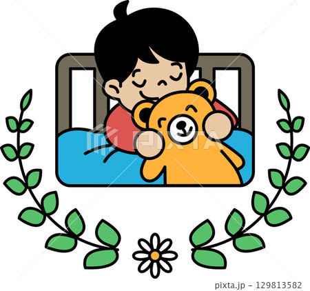 A black and white drawing of a child sleeping with a teddy bear 129813582