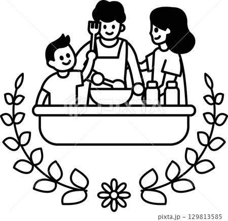 A family is cooking together in a kitchen A family is cooking together in a kitchen 129813585