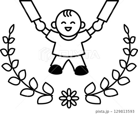 A child is holding two sticks and smiling 129813593