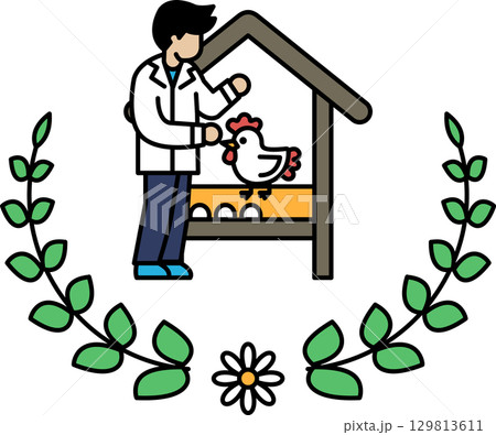 A man feeds a chicken in a chicken coop 129813611