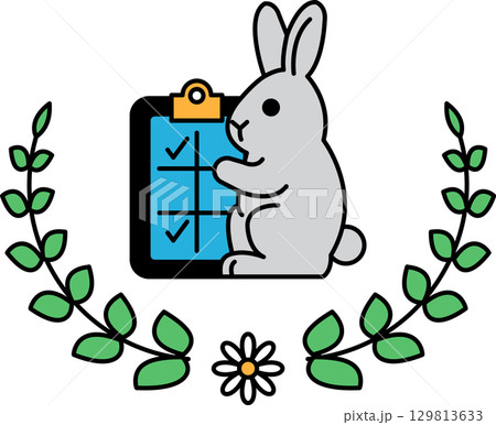 A rabbit is standing in front of a clipboard with a check mark on it A rabbit is standing in front of a clipboard with a check mark on it 129813633