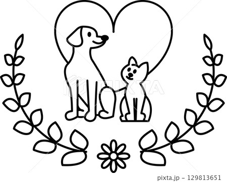 A black and white drawing of a dog and cat sitting in a heart A black and white drawing of a dog and cat sitting in a heart 129813651