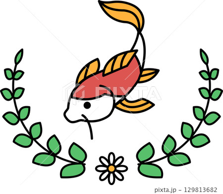 A fish is swimming in a wreath of leaves 129813682