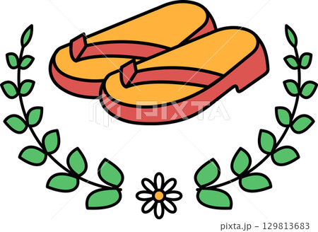 A pair of flip flops is shown with a leafy border 129813683