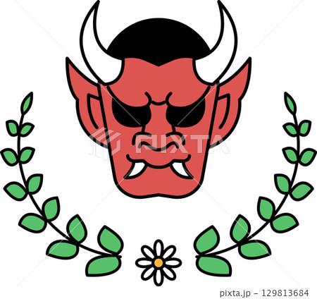 A black and white drawing of a demon with horns and a mask A black and white drawing of a demon with horns and a mask 129813684