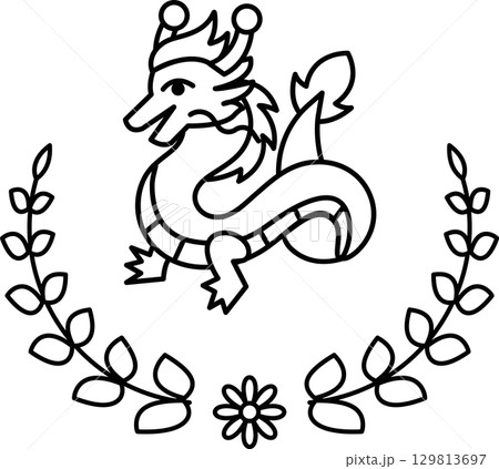 A black and white drawing of a dragon with a crown on its head 129813697