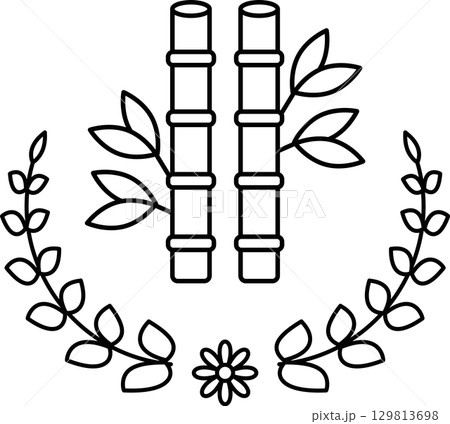 The image is a black and white drawing of bamboo and leaves The image is a black and white drawing of bamboo and leaves 129813698