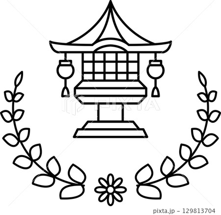 A black and white drawing of a building with a flower in front of it 129813704