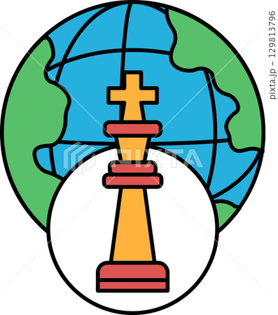 A black and white drawing of a chess piece on a globe 129813796