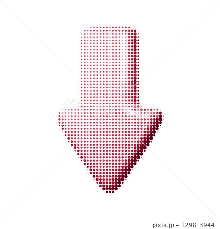Vector illustration of a red downward arrow with halftone texture. Dotted abstract design element for navigation, direction, or decoration. Isolated on white background. Vector illustration of a red downward arrow with halftone texture. Dotted abstract design element for navigation, direction, or decoration. Isolated on white background. 129813944