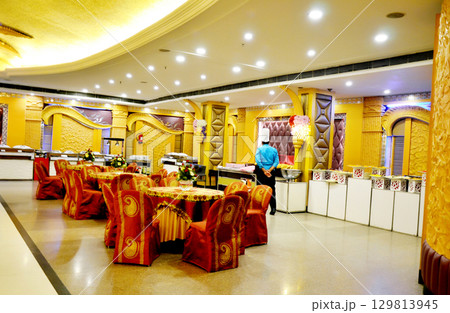 Luxury Banquet Hall Interior with Buffet Setup 129813945