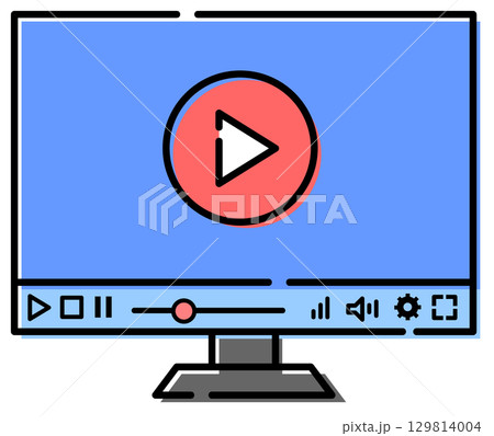 パソコンでネット動画や有料放送を再生するイラスト パソコンでネット動画や有料放送を再生するイラスト 129814004