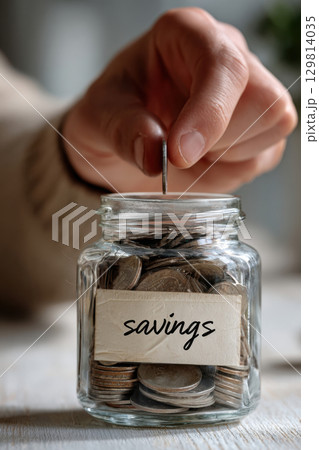 Hand putting coin into savings jar 129814035