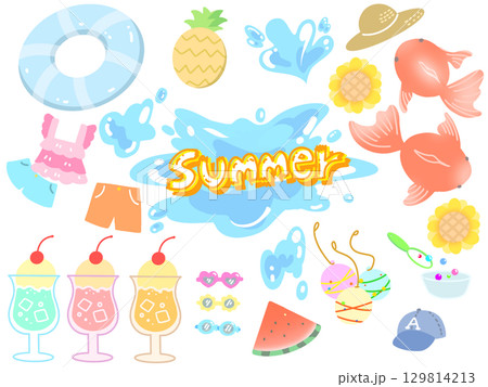 夏のかわいい夏素材セットのイラスト 129814213