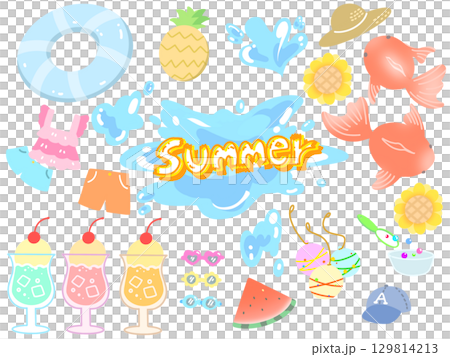 Illustration of a cute summer material set for summer 129814213